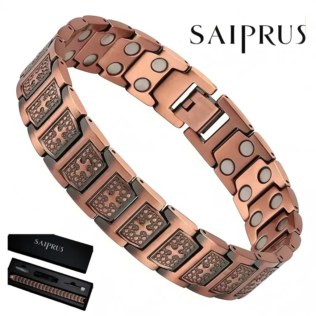 SAIPRUS Male Copper with Embedded Magnets Bracelet & Bangle - Adjustable Pure Copper Magnetic Bracelet with 3500 Gauss Force, Embossed Cross Design, Gift-Boxed Accessory for Boyfriend, Copper With Embedded Magnets Bracelets & Bangles