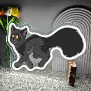 Gray Longhair Cat Neon Sign LED Wall Decor for Fantasy Book Fans Loyal Forest Warrior Feline Night Light for Bedroom Brave Grey Kitty Glow Art Cool Gift for Friends Hero Inspired Sign Dorm Decor Gaming Room Vibe