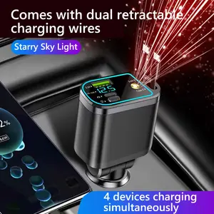 Trending 4 in 1 Retractable Car Charger Mobile Phone Charger with Starry Sky Light USB 3.1A Ports 2 Type C Retractable Charging Cables USB C Fast Charging 180° Adjustable Compact Plug and Play Compatible Samsung Android Perfect for Travel&Daily Driving