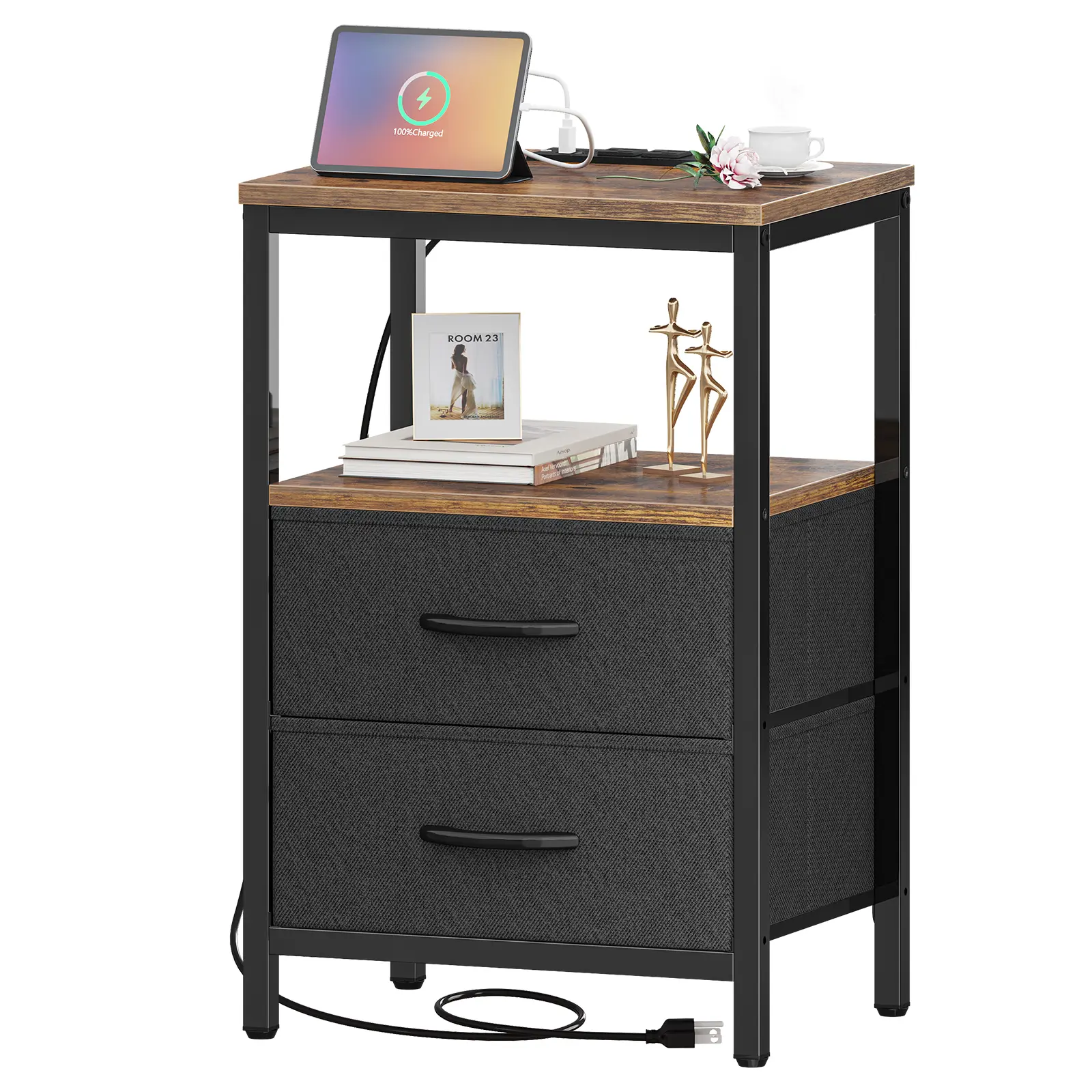 Huuger Bedroom Nightstand with Charging Station, USB Ports, Outlets, Fabric Drawers, Open Shelf - Indoor Bedside Side End Table, TV Stand for Bedroom