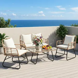 Outdoor 4 Piece Patio Furniture Set, Wicker Patio Set with Thick Sandwich Structure Cushions, Deep Seating All-Weather Rattan Sofa and Functional Glass Table for Porch, Lawn Outdoor 4 Piece Patio Furniture Set, Wicker Patio Set with Thick Sandwich Structure Cushions, Deep Seating All-Weather Rattan Sofa and Functional Glass Table for Porch, Lawn