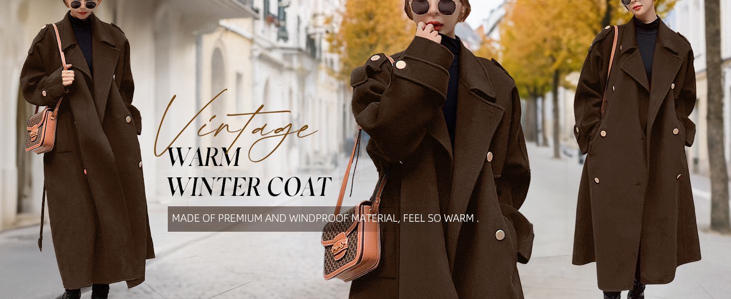 Ebossy Women's Winter Double Breasted Midi Long Wool Pea Coat Notch Lapel Trench Coat Minimalist Basic Jackets Thermal Lined Outerwear