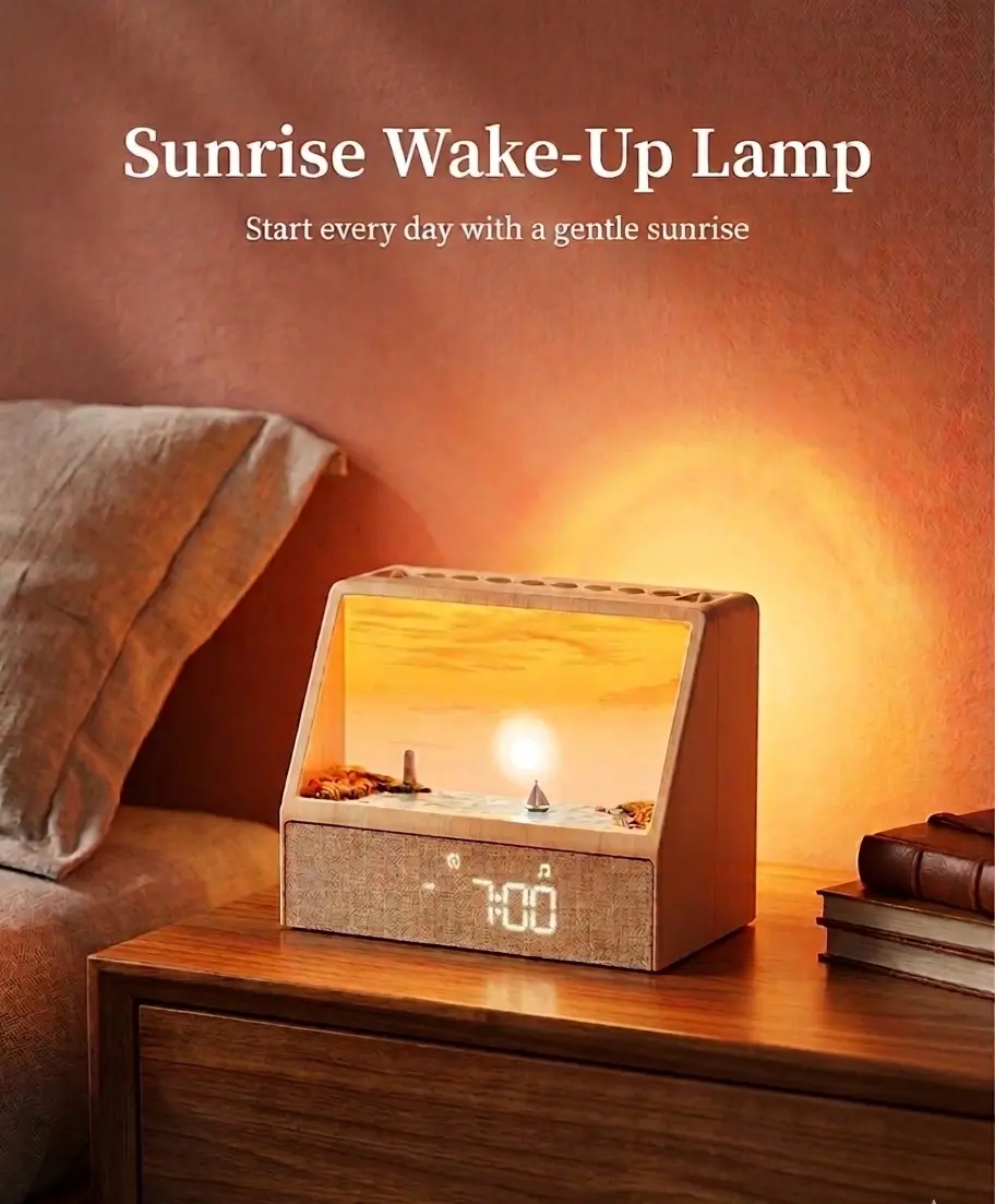 Smart Lighted Sunrise Alarm Clock for Heavy Sleepers - Single Unit ABS POM Plastic Room Gadget, Sunset Simulation, 24 White Noise, Dimmable Night Glow, Digital Display, Bluetooth Mirrored Crystal Sleep Aid, ASMR Casual Home Decor Bedside Gift for Adults