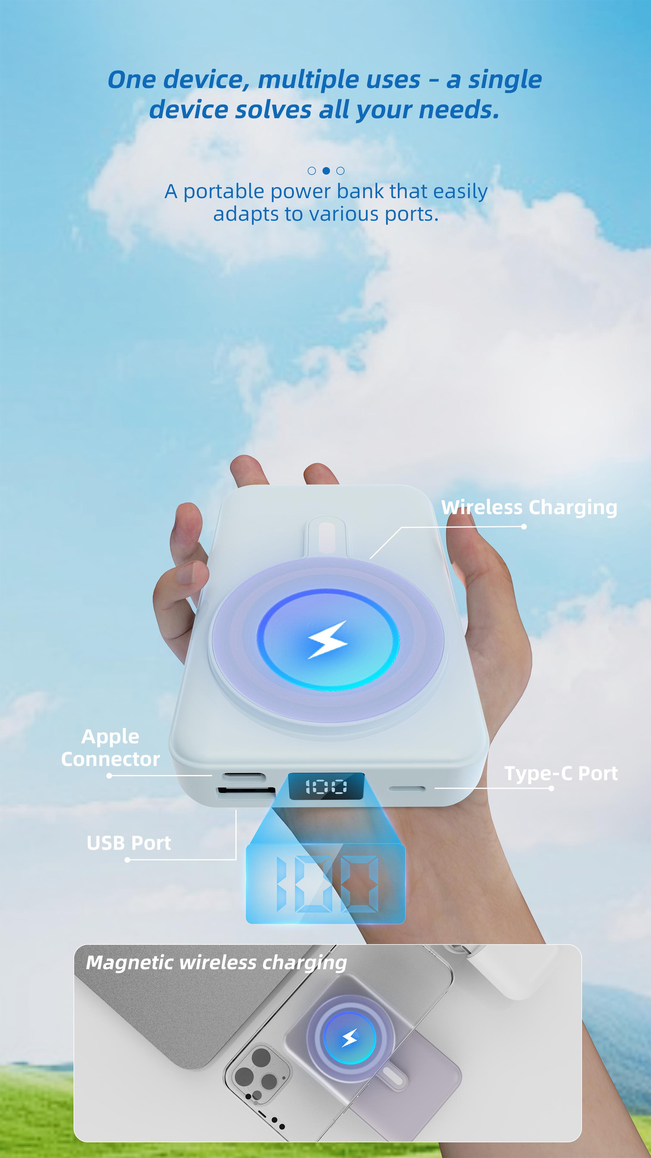 10000mAh Magnetic Power Bank with LED Display - Foldable Wireless Portable Charger, Fast Charging MagSafe Battery Pack for iPhone 17/15/14/13/12, Built-in USB-C Cable - Perfect Outdoor Companion for Phone Charging and Travel Essentials Purple