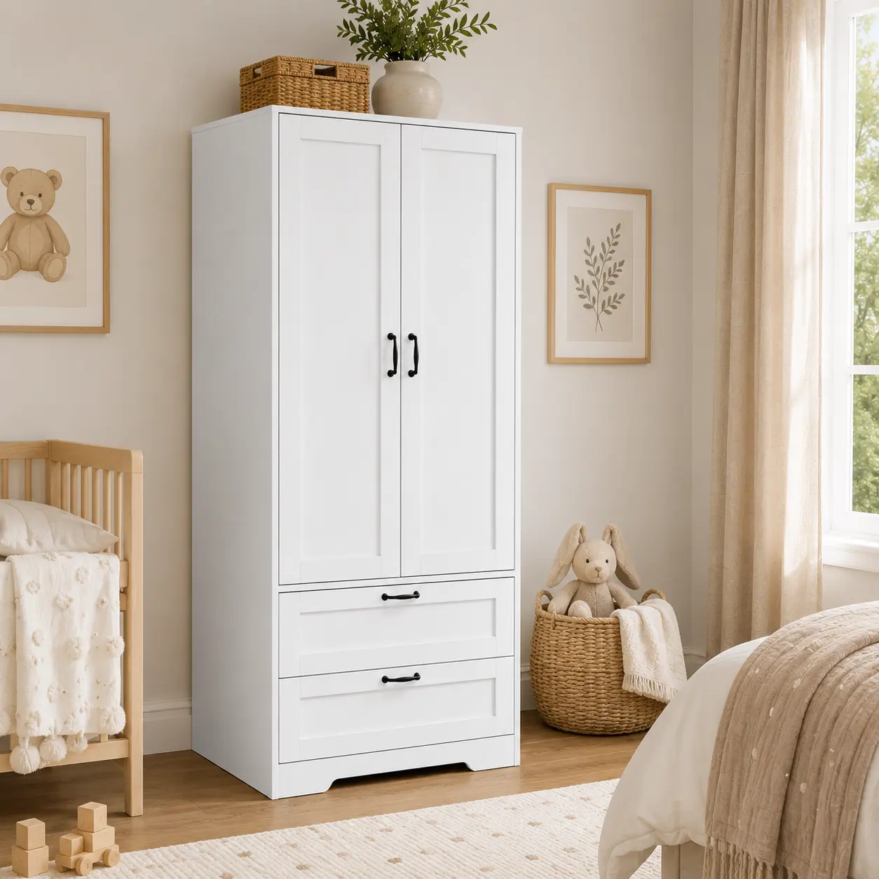 62.5 Wooden Wardrobe, Freestanding Clothing Storage Cabinet with Metal Hanging Rod, Double-door Closet Equipped with Two Drawers and Adjustable Bookshelves, Suitable for Bedrooms, Living Rooms, Laundry Rooms and Walk-in Closets