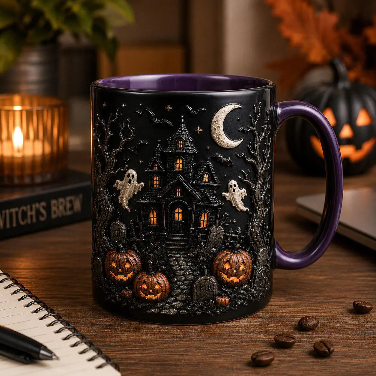 Haunted House Halloween Mug, 3D Effect Ghost & Pumpkin Coffee Cup, Spooky Gothic Ceramic Mug, Witchy Fall Gift for Halloween Lovers