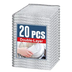 Non Scratch Wire Dishwashing Rag 20 Pack Double Layer Reusable Silver Mesh Metal Cleaning Cloth for Pots Pans Sink Steel Cookware Wet Dry Cleaning