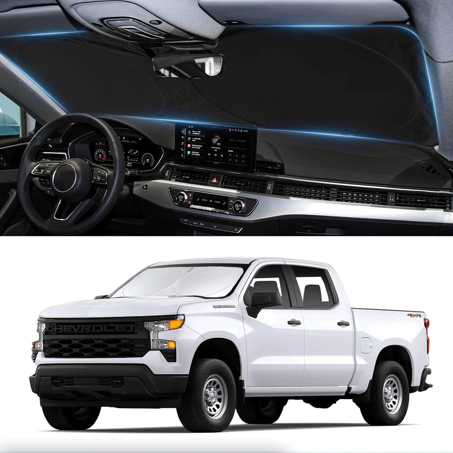 Windshield Sun Shade Foldable – Summer Car Front Window Shade, Heat Shield UV Sun Visor Protection, Keeps Interior Cool, Easy Fold Storage, Universal Fit for for Dodge Ram 1500 2019-2026 Pickup Truck Accessories