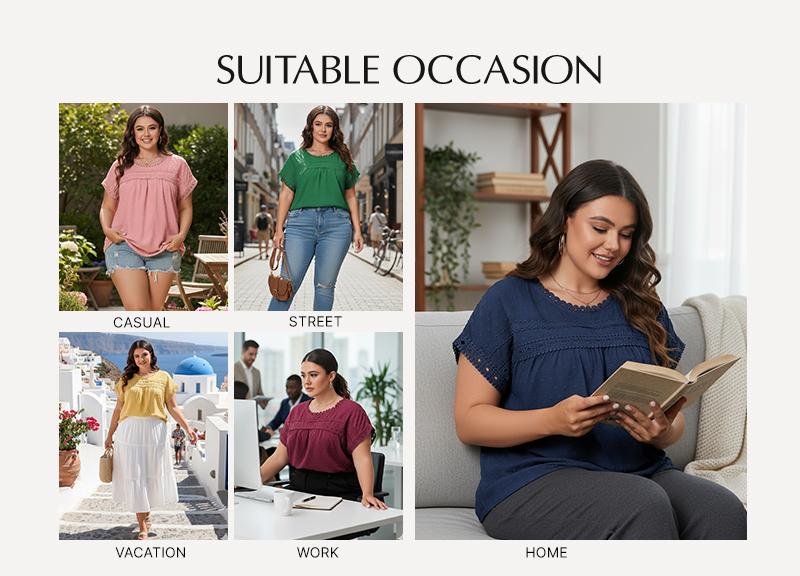 Eytino Women Plus Size Tops Crewneck Short Sleeve Lace Crochet Loose Casual Summer Blouses Shirts(1X-5X) Eytino Women Plus Size Tops Crewneck Short Sleeve Lace Crochet Loose Casual Summer Blouses Shirts(1X-5X)