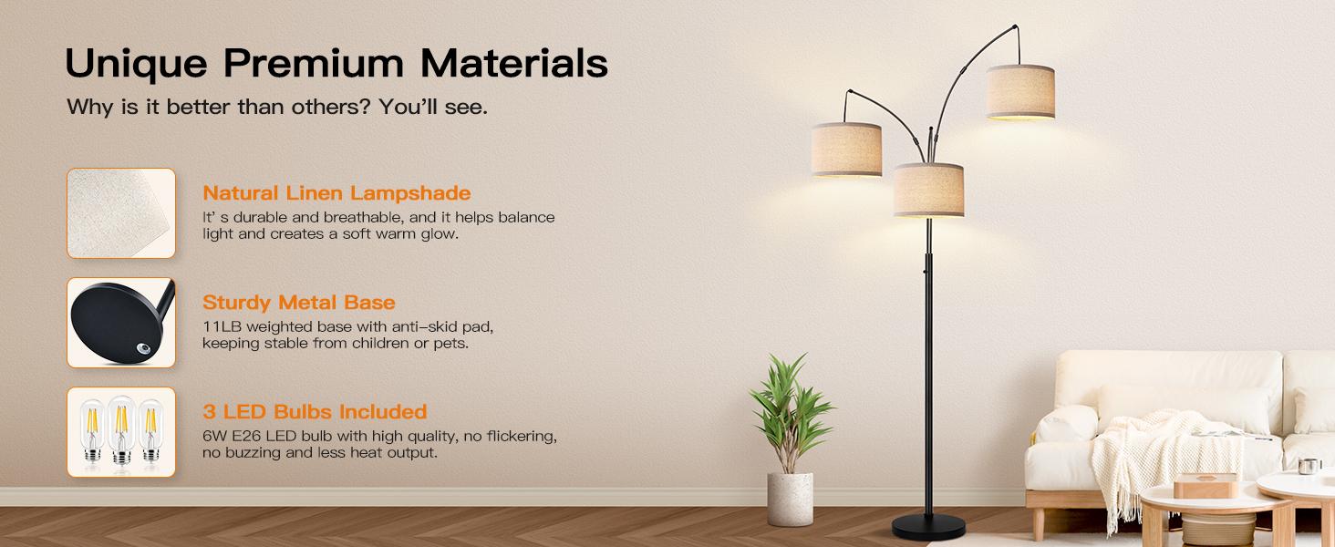 Hoodink Dimmable Floor Lamp - 3 Lights Arc Floor Lamps for Living Room, 1000LM Modern Tall Standing Lamp With Beige Shades & Heavy Base, Mid Century Tree Floor Lamp for Bedroom Office, 3 LED Bulbs Included