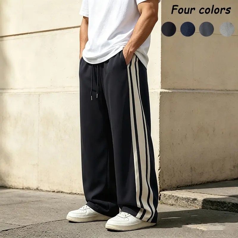 Men's Retro Basic Stripe Athletic Jogger Pants - Silky Polyester Drapey Fabric, Loose Fit, Suitable for Commuting, Sports, Summer Casual Wear, Polyester Clothes