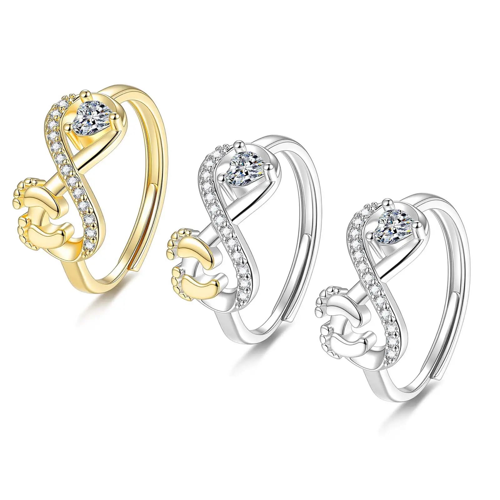 Zircon footprint ring, heart-shaped index finger ring, unique design, cute and sweet, adjustable opening, versatile for everyday wear, suitable as a gift.