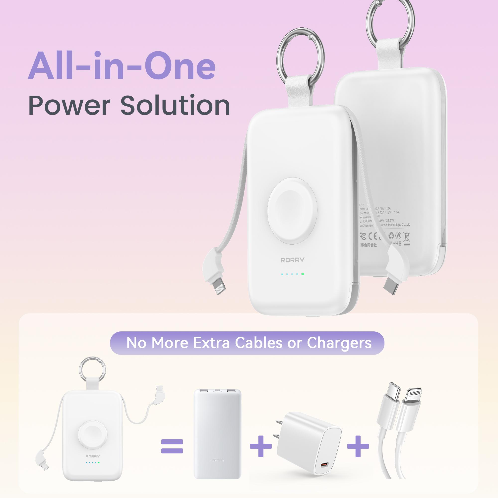 RORRY CharmGo 10000mAh Portable Charger Fast Charging Power Bank with Built-in Cables & Keychain for iPhone 17-11 iWatch Android AirPods iPad Perfect Gift Travel Battery Pack Lightweight SpringStatements