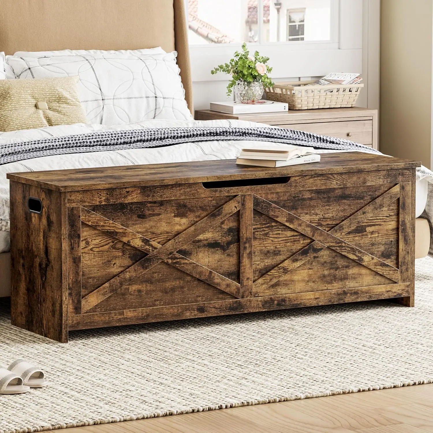 Retro Brown 47.2 in Rectangle Wooden Storage Chest - 1-Seater Shoe Bench with Safety Hinges, Easy Assembly, Large Wooden Storage Boxes for Entryway, Living Room