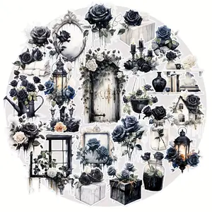 80 Pcs Gothic Black Rose Sticker Pack - Dark Academia Vintage Floral Ink Wash & Antique Lantern Die-Cut Decals for Junk Journal Scrapbooking Bujo