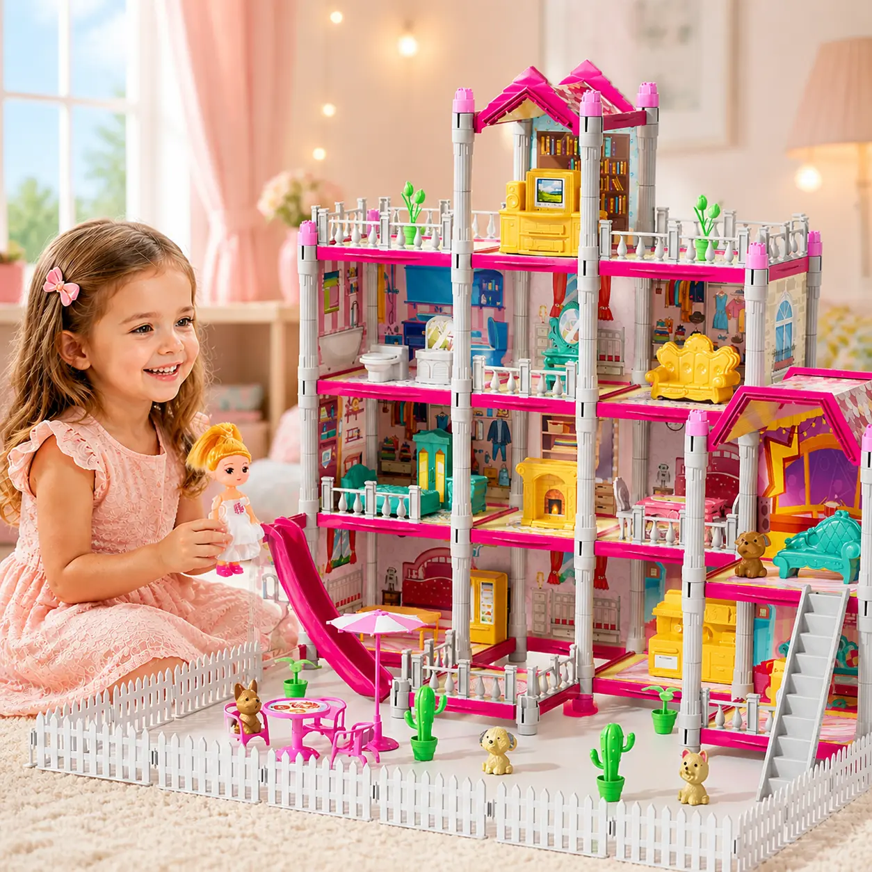 Pink Girl DIY Dollhouse Kit with 2 Doll Toy Figures - 4-Storey Fashion Villa Playhouse, 15-Room Pretend Building Set with Movable Dollhouse Miniatures, 24.8x20x23.6in Furniture, Dining Room & Food Toys, Non-Toxic Soft Colors, Kids' Learning & Party Gifts,