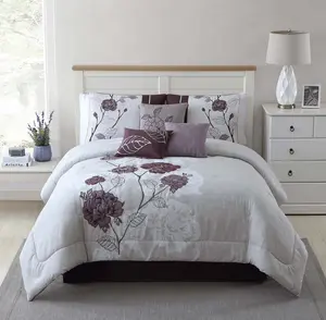 Artistic Home Textiles –Luxury 7 Piece Floral Comforter Set with Bed Skirt & Decorative Pillows, Soft Microfiber Purple Flower Bedding, Queen King Cal King