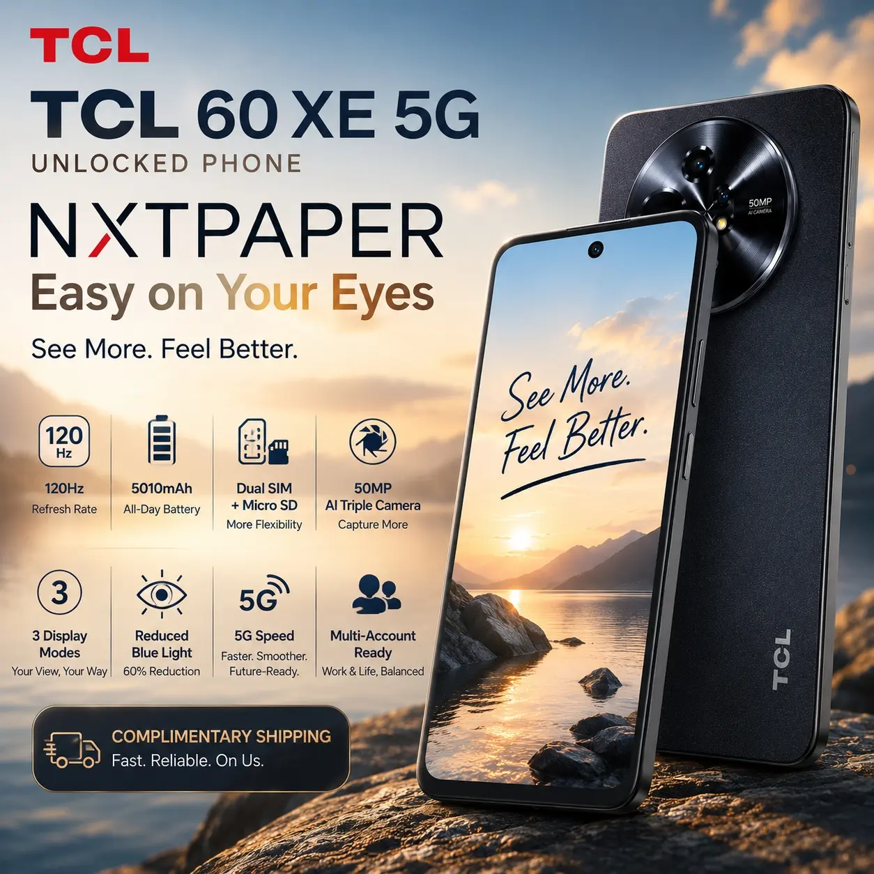 TCL 60 XE NXTPAPER 5G Cell Phone, AT&T, T-Mobile & Verizon Unlocked Android Smartphone, 8GB+128GB/8GB+256GB, 6.8" 120Hz Paper-Like Display, AI Features, 5010mAh Battery, Advanced Camera System,