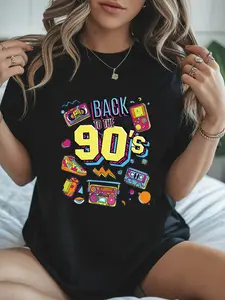 100% Cotton Women's 90's Retro Nostalgia T-Shirt - Vintage 90s Graphic Print Short Sleeve Crew Neck Top with Iconic 90's, Medium Stretch Casual Blouse Style Suitable for Spring & Summer Outfits, Machine Washable Retro Clothing