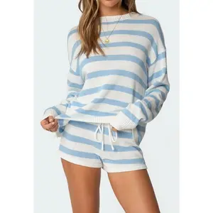 Women's Striped Knit Sweater and Shorts Set - Blue & White Casual Loungewear Outfit