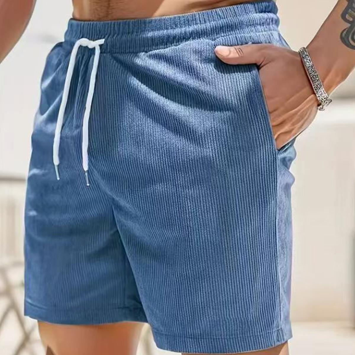 Men's Casual Corduroy Shorts with Drawstring Waistband, Side Pockets, and - Black, Polyester Fiber, Suitable for All-Season Outdoor Activities, Solid Color Regular Fit Summer Daily Commuting Versatile Simple Design