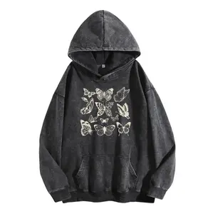 Holafish Women's Butterfly Print Acid Wash Hoodie Vintage Sweatshirt Oversized Loose Fit Winter Warm Streetwear Casual Tunic