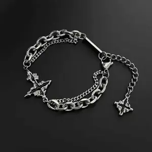 1pc Men'S Punk Star Sparkle Chain Bracelet - Heavy-Duty Zinc Alloy Interlocking Link Design, Edgy Gothic Style with Sparkling Star Pendant, Daily Wear Jewelry For Men, Statement Piece, Fashion Enthusiasts
