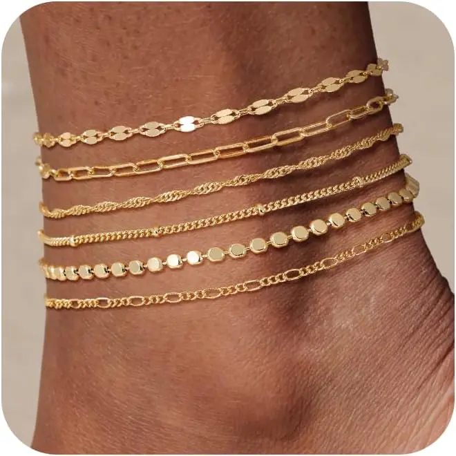 TEWIKY Waterproof Ankle Bracelets for Women,  Women 6PCS Thiny Herringbone Box Paperclip Figaro Cuban Link Anklet Set Dainty Gold Jewelry for Women Cute Summer Beach Jewelry For Valentine's Day gifts Gold Plated