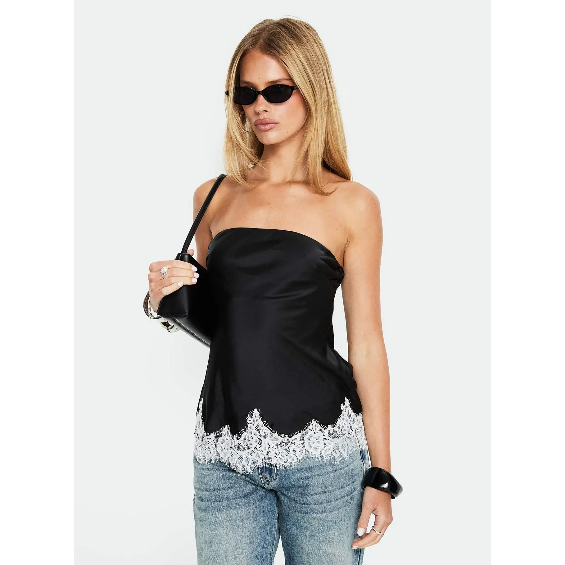 Fiorelle Strapless Lace Trim Satin Top Black / White