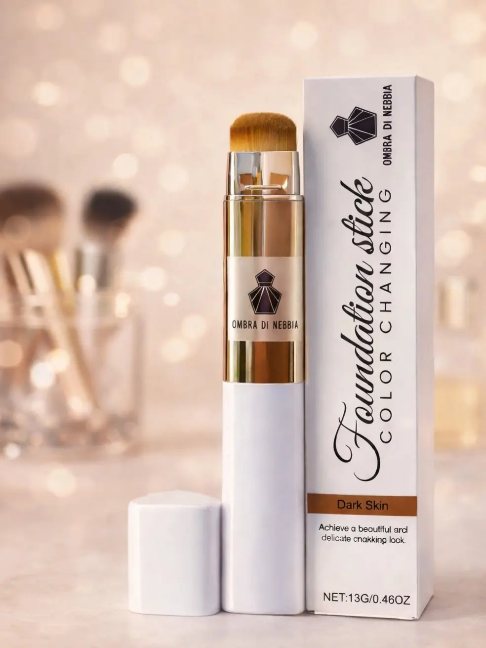 Ombra di Nebbia Color Changing Foundation Stick for Dark Skin with Attached Brush for Precise Application
