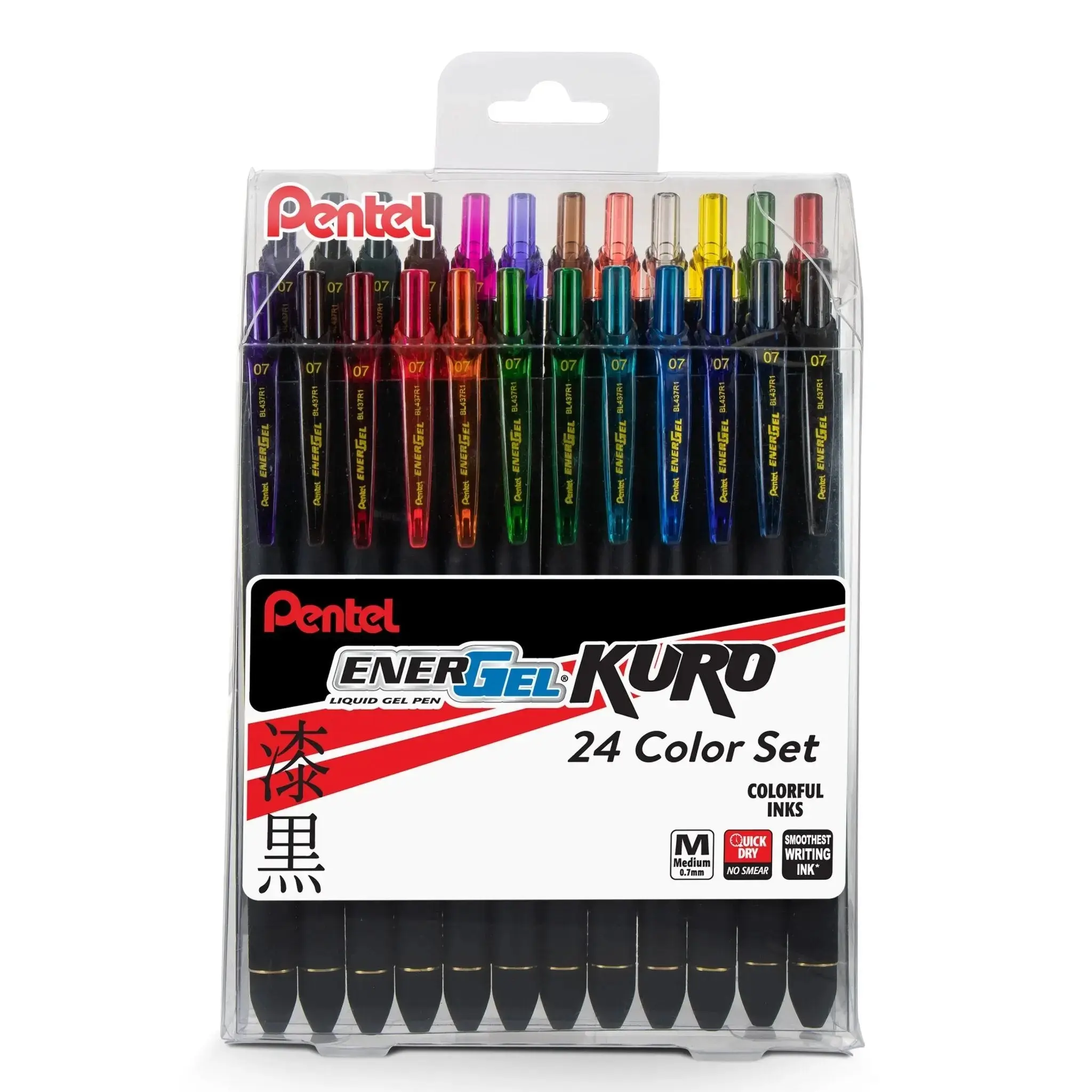 EnerGel Kuro Liquid Gel Pen - 0.7mm Medium Line, Assorted Ink, 24-Pack College Student Ink Pen for Office Stationery, College Student Pen, Ink Pens