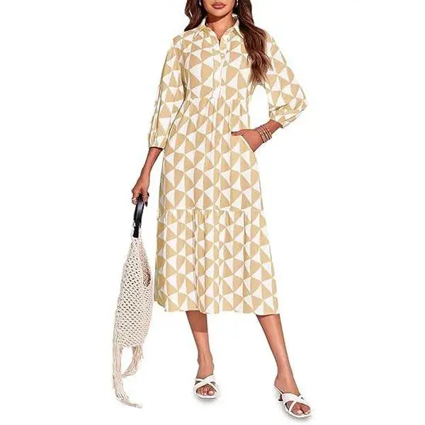 Wenrine Womens Boho Midi Dress Long Sleeve Casual Color Block Beach Button Down Shirt Dress, Fabric, Plaid, Casual Wear
