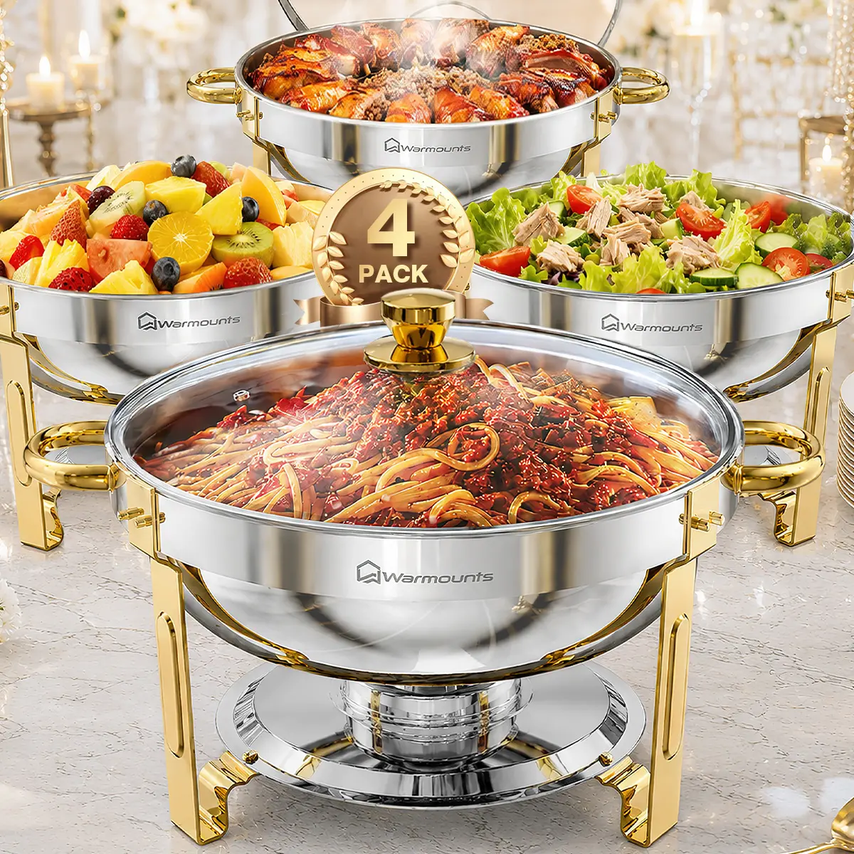 【Home Essentials】WARMOUNTS 5QT Chafing Dish Buffet Set, Glass Lid /Stainless steel lid 2/4/6 Pack Gold Accent Stainless Steel Chafers and Buffet Warmers Sets with Lid & Lid Holder for Parties Catering Events Weddings Banquets