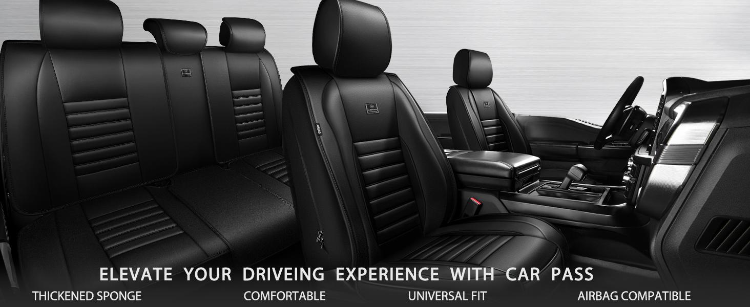 CAR PASS Nappa Leather Seat Covers Protection for Front Seats Universal Waterproof & Anti-Slip Design Airbag Compatible for Sedan, SUV, Pickup Truck  Black 1 Count