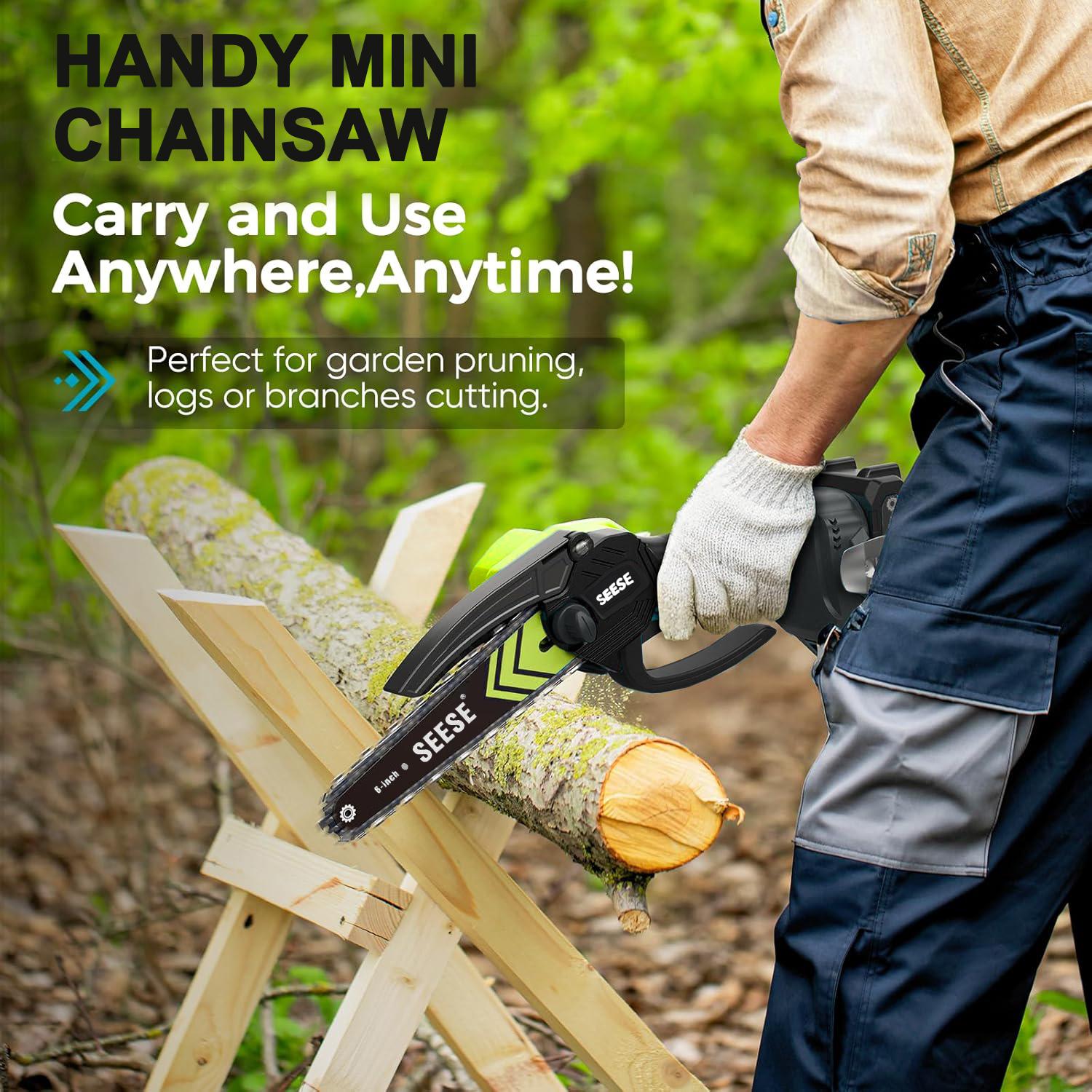 SEESE Brushless Mini ChainSaw - Portable Electric Cordless Saw for Wood Cutting, Batteries (2000mAh) ,Pruning, Gardening, Camping - Suitable for Seniors, Women