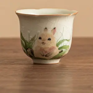 Ru Kiln Yellow Flower Kitten Single Cup Home Use Tea Cup Adorable Ceramic Teacup