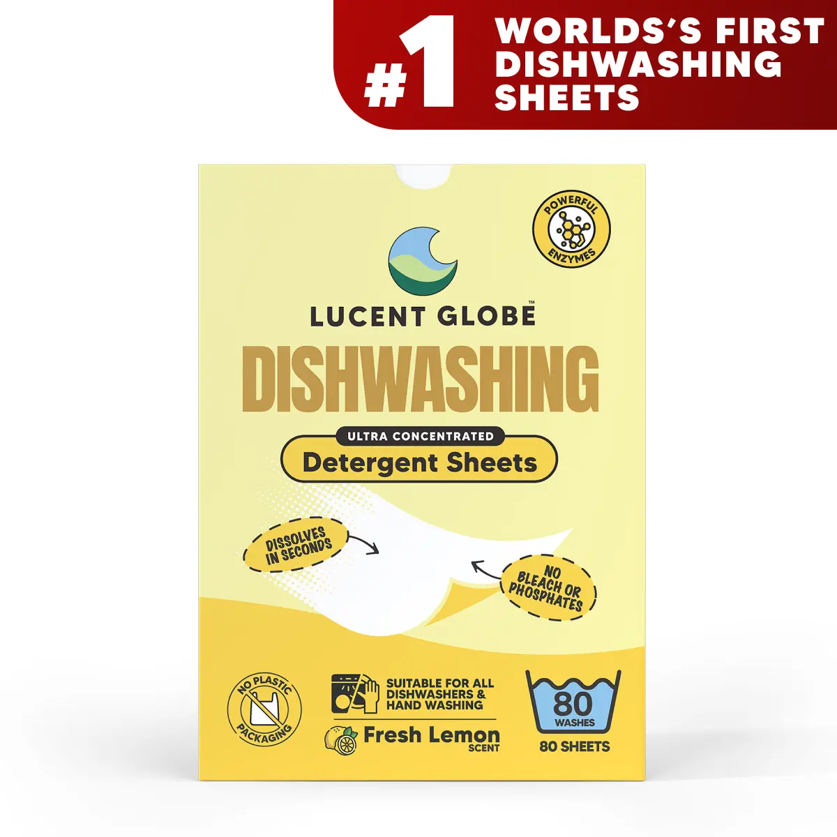 Lucent Globe Dishwasher Sheets | Replaces Dishwasher Pods & Liquid | Zero Plastic Packaging | No Nasties Formula | Septic Safe | Strong Clean | Fresh Lemon Scent | Eco Friendly Dish Soap