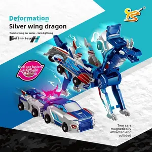Magnetic attraction, instant transformation upon impact! Magnetic transforming toy car, Silver Wing Dragon and Martian Deer combined, automatically transforms upon impact. Sound and light alloy mecha model. Children's holiday gift for boys and girls.