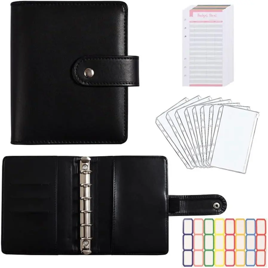 Black A7 Budget Binder Set - Leather Planner, Portable Diary, Mini Accounting Organizer for Saving with Envelope Stuffing System, Pockets, Sheets, Stickers, Ideal for Boys, Friends, Family on Journeys