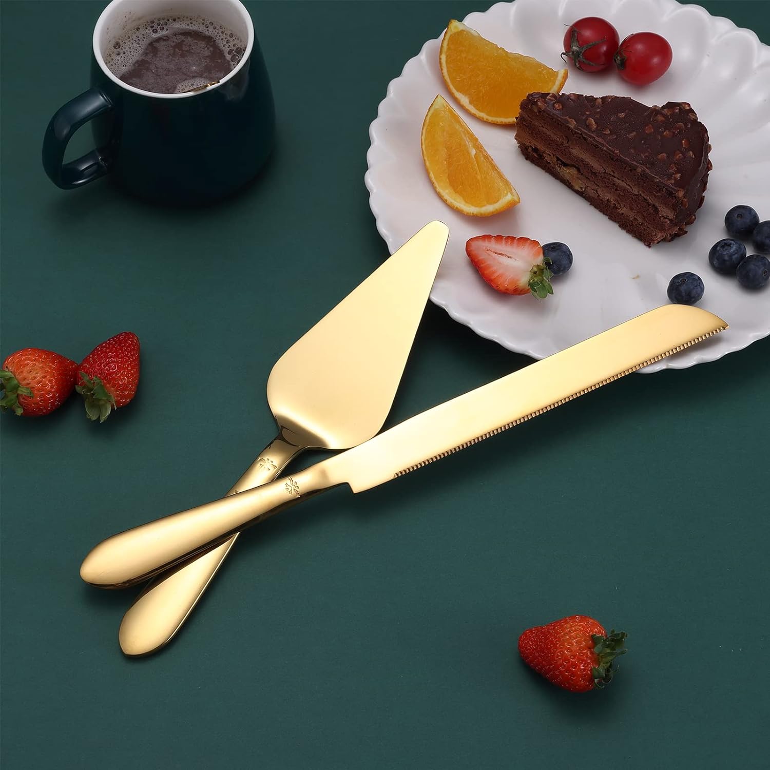 Cake Cutting Set for Wedding, Elegant Knife and Server with Thickened Stainless Steel Rounded Edges, Cutter Pie Spatula Birthday Anniversary Christmas Gift of 2, Gold Bakeware Utensils