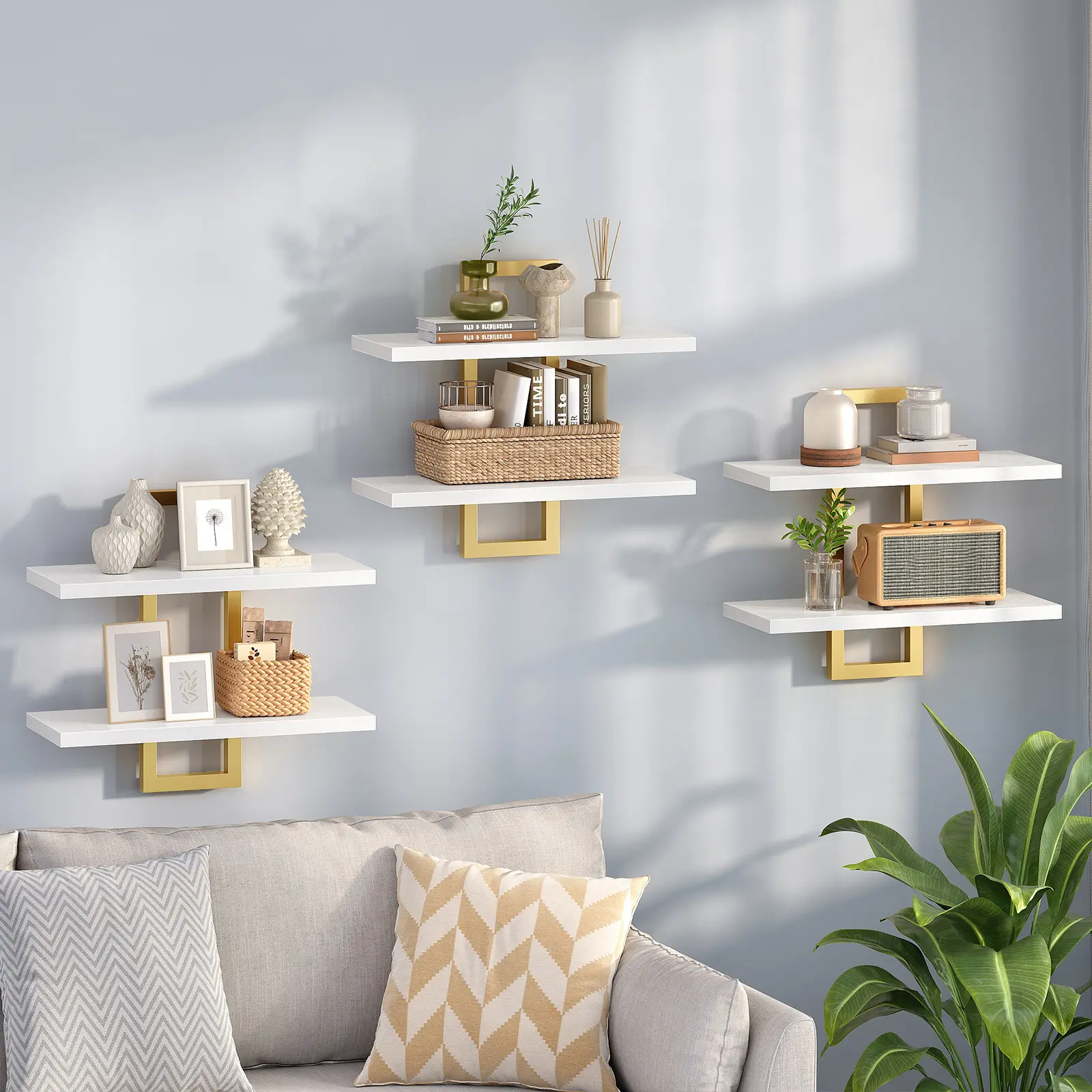 HOOBRO Floating Shelves, 15 Inch Wall Shelf Set of 3, Wall Mounted Storage Shelves 2-Tier, Hanging Bathroom Shelves, for Living Room, Bedroom, Bathroom, Kitchen, White and Gold