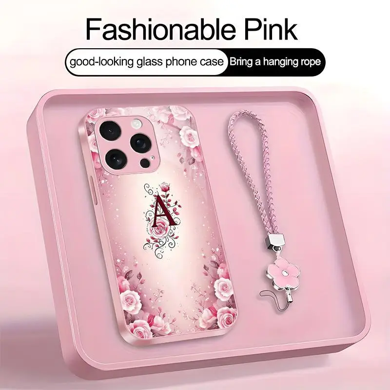 Suitable for [iPhone 16 Pro Max] high-end women's phone case🤩，a beautiful four-leaf clover lanyard is included🍀，a free four-leaf clover lanyard is included, with 26 letters of the alphabet to choose from and  exquisite Rose flower patterns 952
