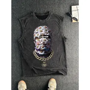 Floral Print Vintage Sleeveless Tank, Casual Round Neck Cotton Summer Shirt for Men