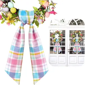 2 PCS Wreath Sash for Front Door Satin Ribbon Sash for Wreaths with Embroidery Monogram Plaid Garland Accessories for Easter Christmas Parties Indoor Outdoor Décor Flexible Seasonal Decor Polyester Material 56 Inches Length