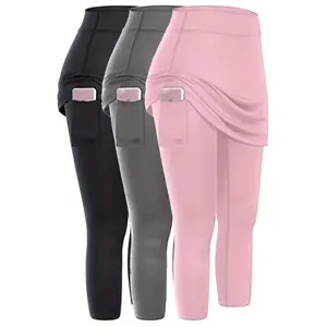 3pcs Skirted Legging Women, Stretch Yoga Running With Skirts, Women's Activewear