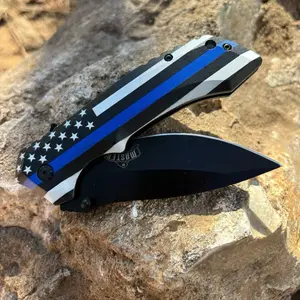 Full Size Pocket Knife Spring Police Back The Blue Thin Blue Line Us Flag