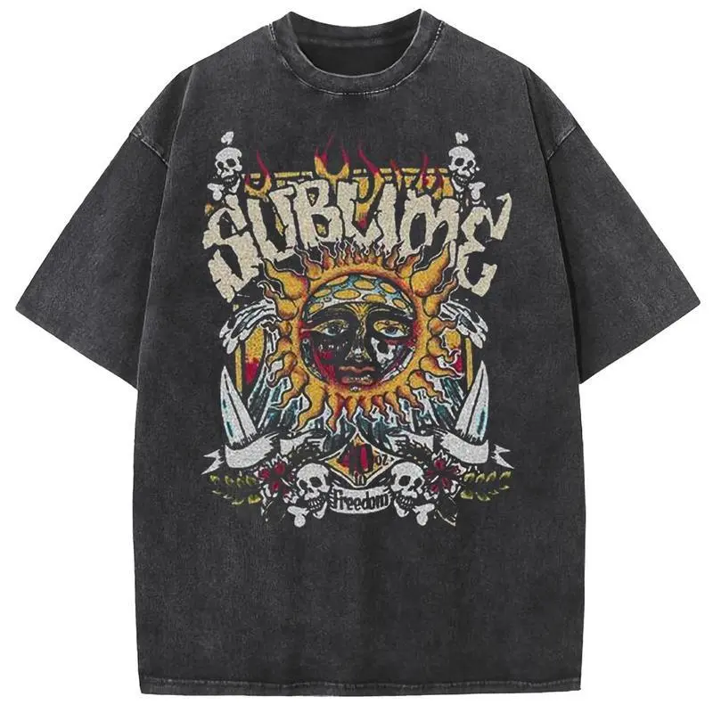 Women's Oversized Acid Wash Vintage Sun Graphic T-Shirt - Heavyweight Cotton, Soft Comfortable Unisex Fit, Streetwear Casual Sassy Statement Top, Trendy Retro Loose T Shirts, Perfect for Presidents Day Daily Outings (Vintage Clothing), Women's Clothes, Go