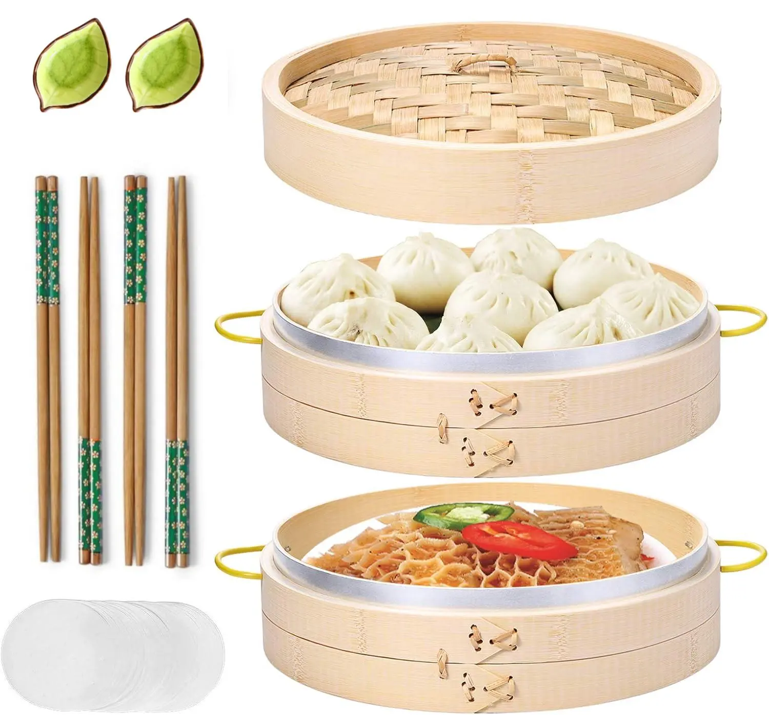 10-Inch Natural Handmade 2-Tier Bamboo Steamer Basket Set with Handle, Kitchen Cooking Tool Kit Including Chopsticks, Ceramic Sauce Dishes, Paper Liners for Steaming Food, Preserves Original Flavor for Dim Sum, Dumplings, Two Tier