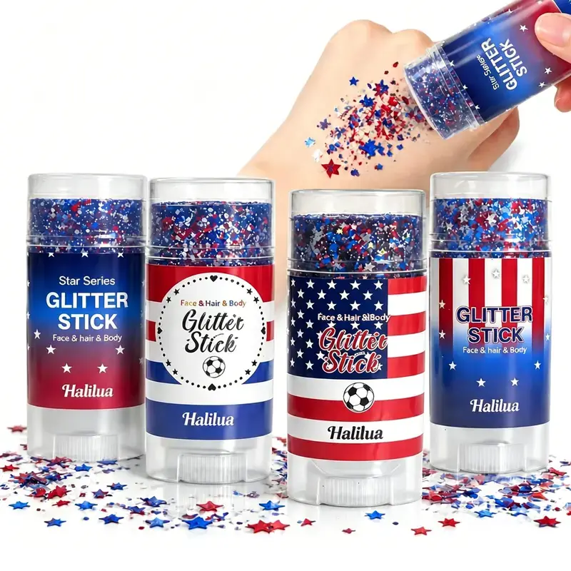 Single Pack Red White Blue Star Twist-Up Glitter Stick, Mess-Free Multi-Use Glitter Gel for Face, Hair & Body, Easy to Apply & Rinse-Off, Perfect for Patriotic Events, Festivals & Sports Gatherings