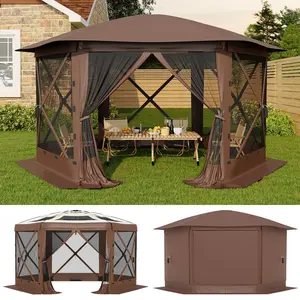 Pop Up Gazebo Screen Tent 13x13 ft with Removable Canopy Top – Quick-Set 6-Sided Bite-Proof Sun Shade Tent, All-Weather Outdoor Canopy Shelter for Camping, Backyard, and Patio,Khaki